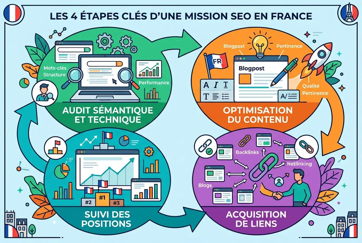 Diagramme illustrant les 4 étapes clés d’une mission SEO en France, avec audits sémantique/technique et optimisation du contenu pour consultants seo.