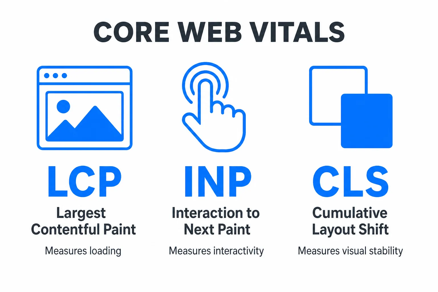 Core Web Vitals infographic: LCP (loading), INP (interactivity) and CLS (visual stability).
