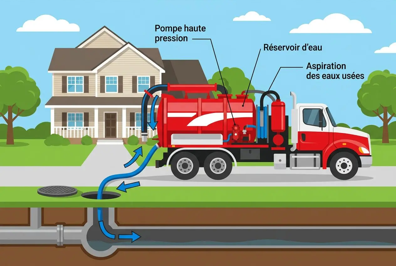 Camion de curage de canalisation rouge déployant une pompe haute pression près d’une maison, avec le système d’assainissement souterrain et les eaux usées aspirées vers le réservoir d’unité; illustration graphique du débouchage de canalisations. Curage canalisation tarif intégré.