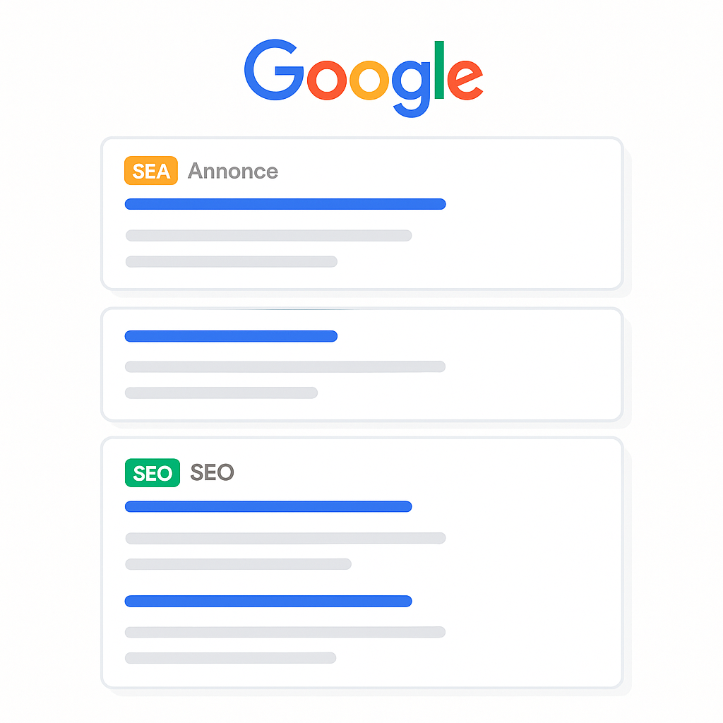 Schéma illustrant la différence entre SEO et SEA sur une page de résultats Google, montrant les annonces payantes en haut et les résultats organiques en dessous.