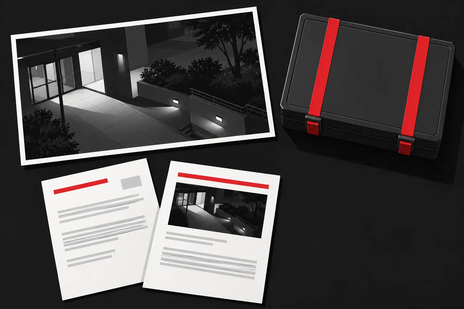 Boîte noire avec sangles rouges, photo nocturne d’un bâtiment et deux documents imprimés à côté.