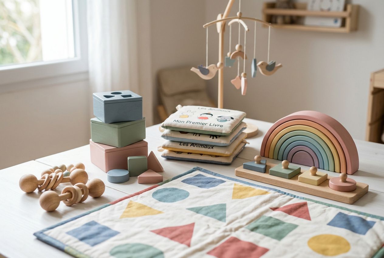 Table d’éveil avec jouets Montessori et arc-en-ciel en bois, idéal pour une idée cadeau bébé original.