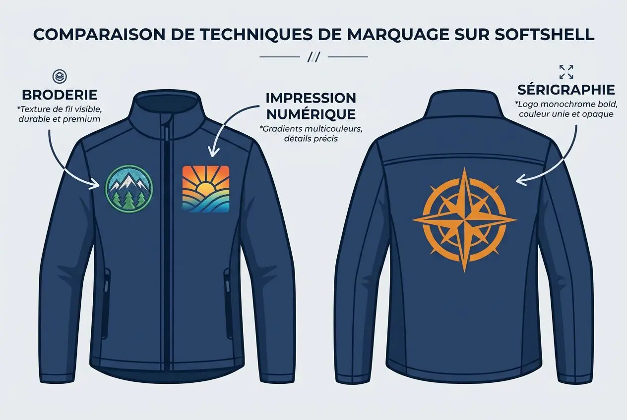 Veste softshell personnalisée pour votre entreprise montrant broderie et impressions: avant, logos personnalisés; arrière, design sérigraphie avec symbole graphique.