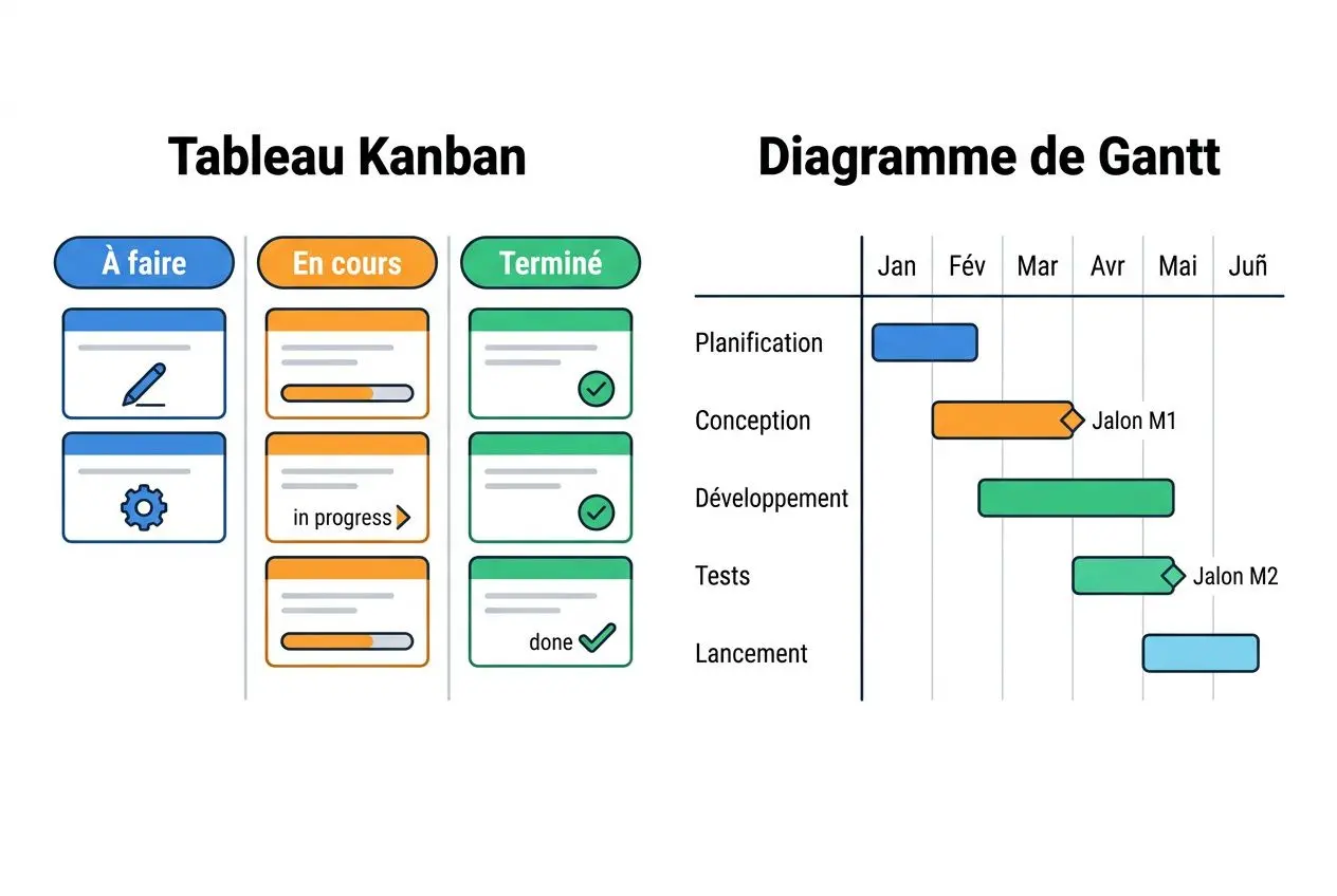 Diagramme combinant Kanban et Diagramme de Gantt montrant des colonnes À faire, En cours et Terminé, avec des cartes colorées, et un planning mensuel des phases Planification, Conception, Développement, Tests et Lancement. Intègre le thème: comment suivre projets petite entreprise.
