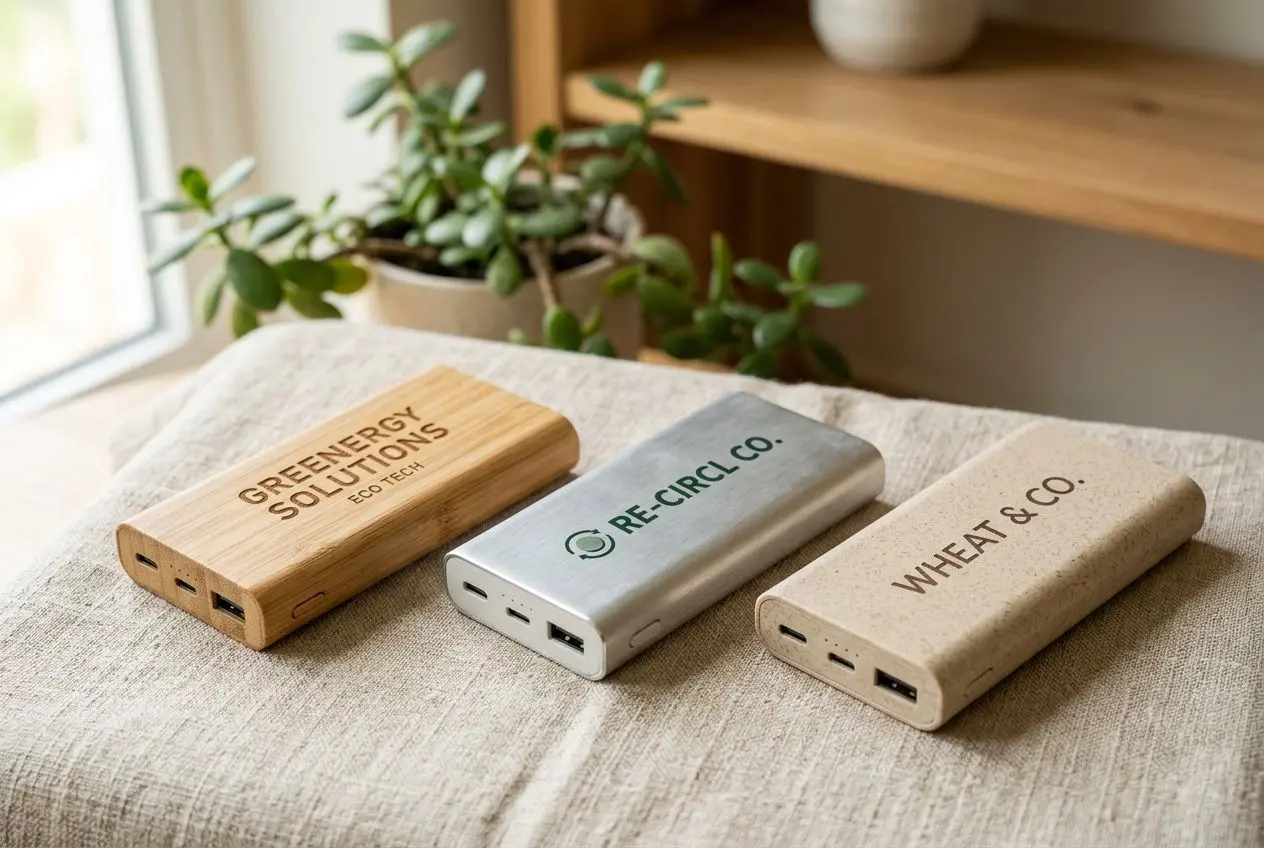 Trois batteries externes personnalisables avec logo entreprise gravé/imprimé sur bois, métal et beige sur canapé. Batterie externe logo entreprise prête à être personnalisée.