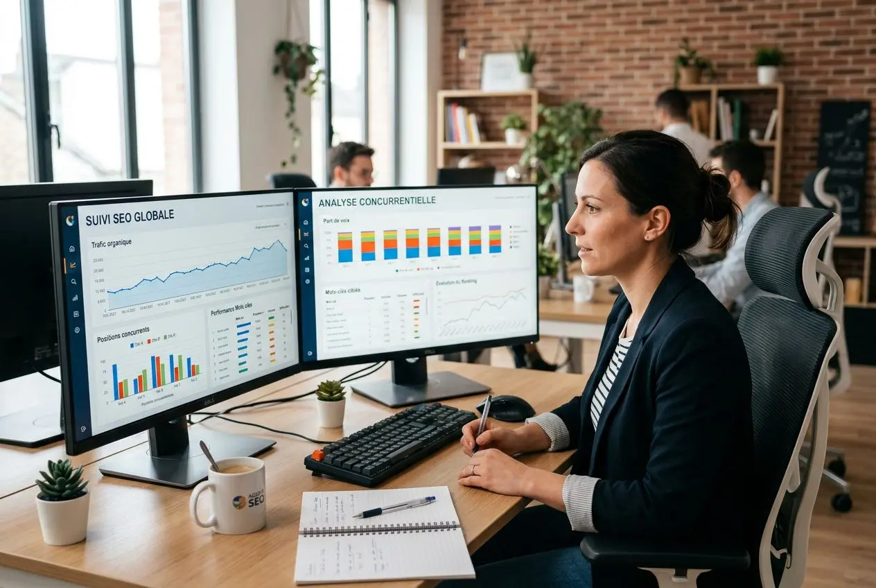 Analyse SEO concurrent en action : spécialiste devant deux écrans affichant des graphiques et données d’audit concurrent, carnet et tasse sur le bureau.