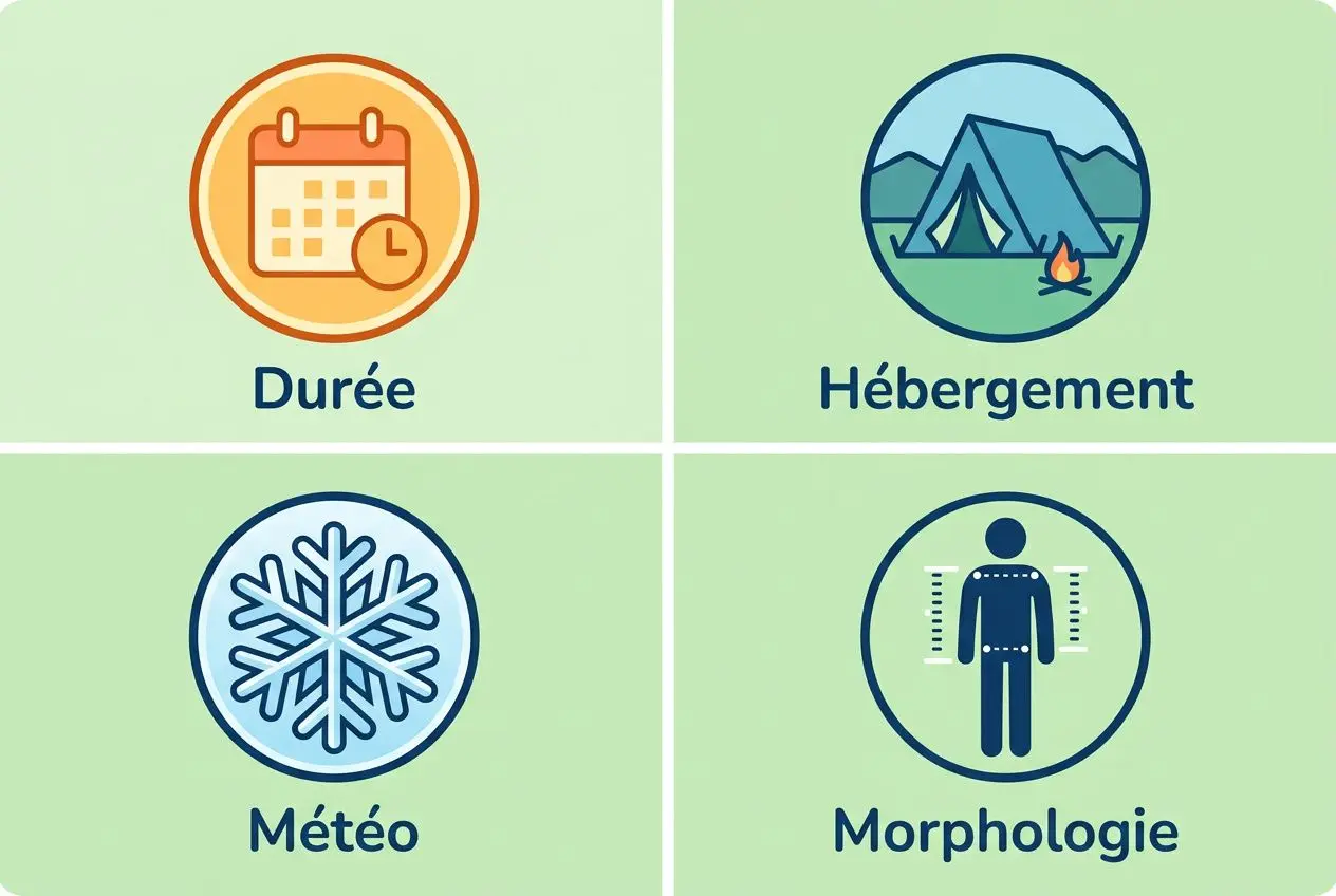 Quatre icônes carrées: Durée avec calendrier et horloge, Hébergement avec tente et feu, Météo avec flocon, Morphologie avec silhouette humaine. Intègre le mot-clé : comment choisir la taille de son sac de randonnée.