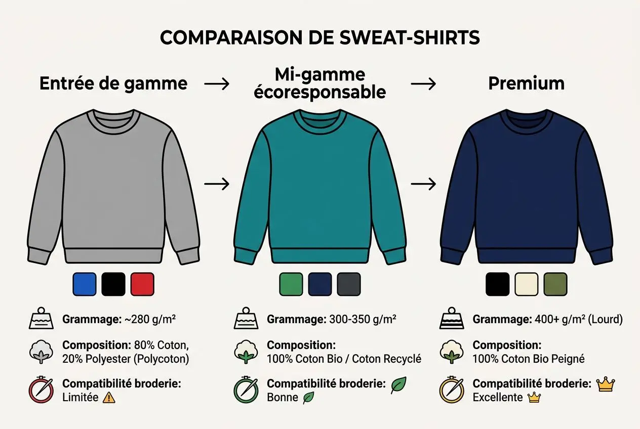 Comparaison de sweat-shirts: entrée de gamme, mi-gamme écoresponsable et premium, avec choix de couleurs et matières pour la broderie sweat personnalisé.