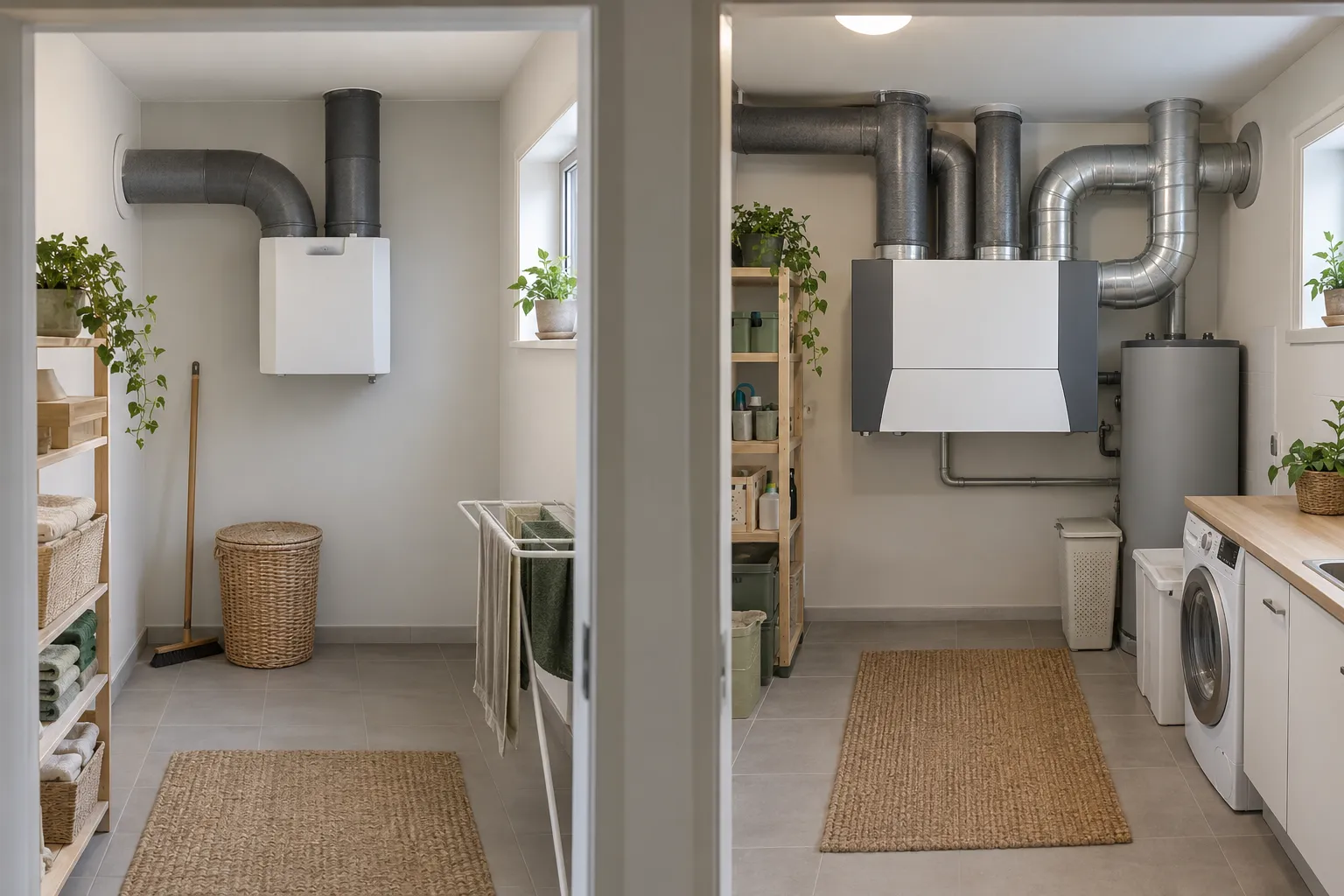 Salle technique avec conduits d’aération et unité de VMC double flux dans deux pièces adjacentes.