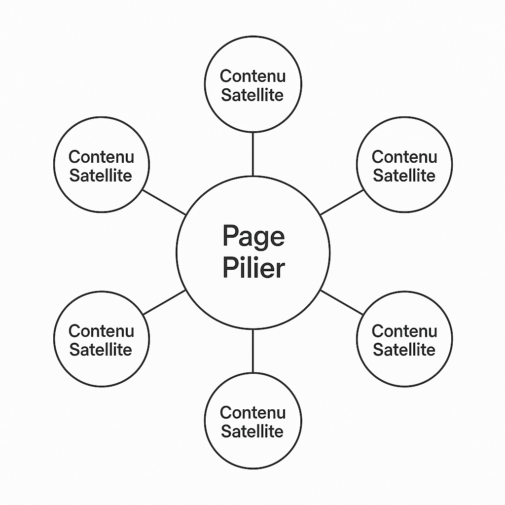 Schéma du modèle de cocon sémantique (topic cluster) montrant une page pilier centrale reliée à des contenus satellites pour le SEO.