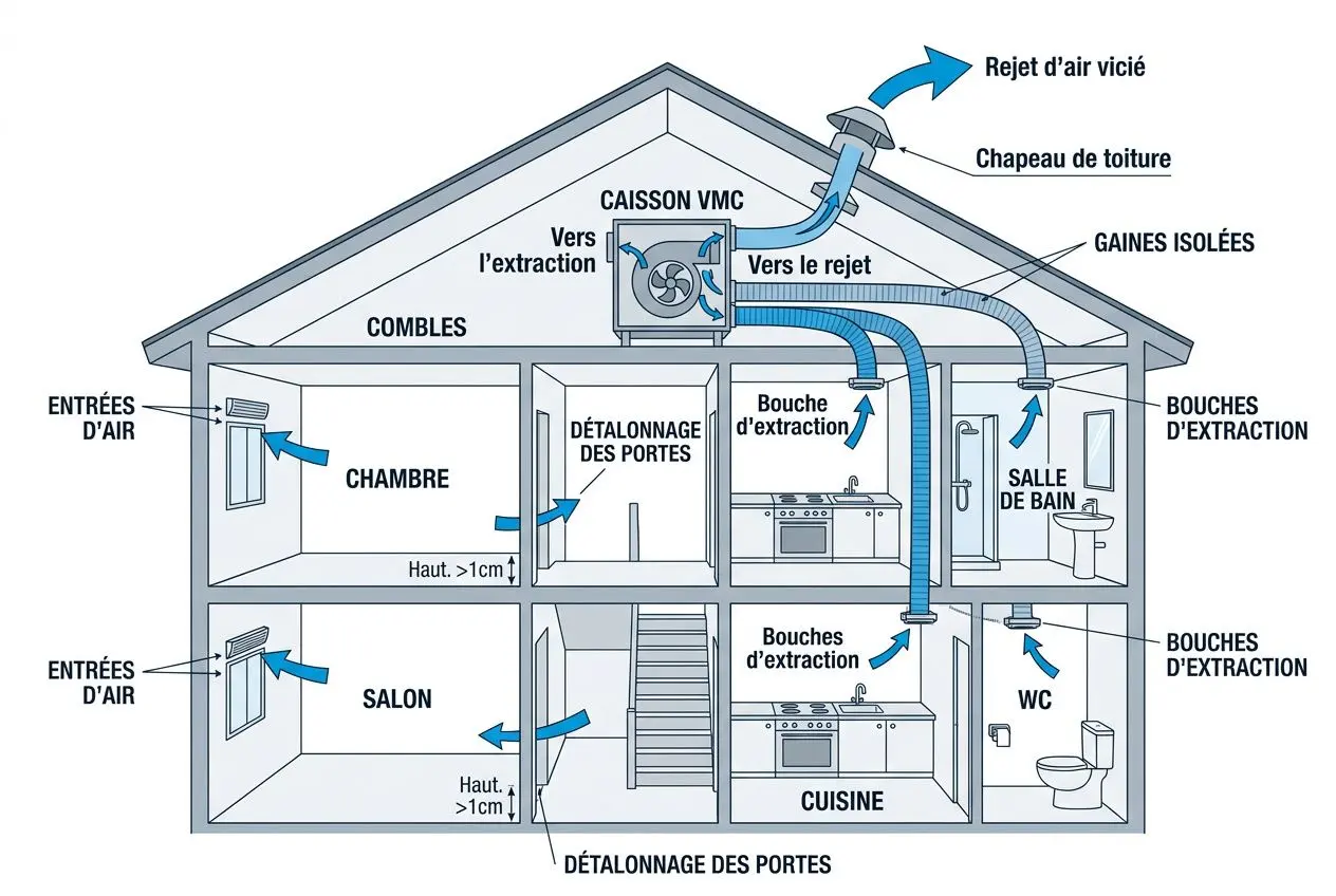 Schéma d’une VMC domestique montrant les flux d’air: caisson, gaines isolées, bouche d’extraction vers cuisine et salle de bains, rejet d’air en toiture, entrées d’air et détalonnage des portes. Produit pour le guide “comment installer vmc”.