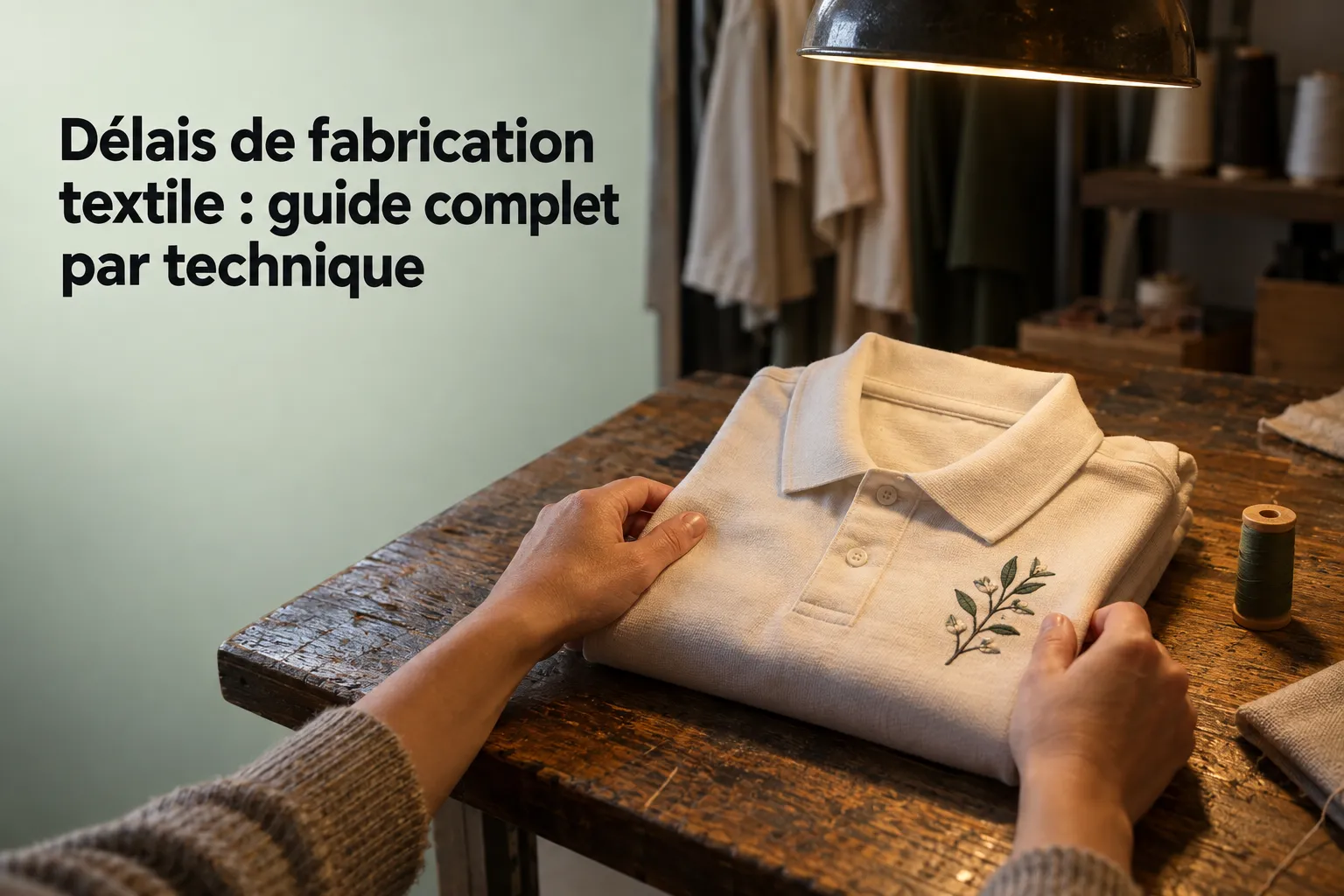 Détails de délai de fabrication textile affichés sur une table à côté d’un polo personnalisable, prêt à être imprimé.