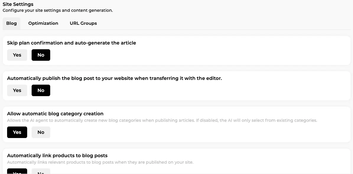 Site Settings Blog tab with Yes/No toggles for plan confirmation, automatic publishing, category creation and product linking