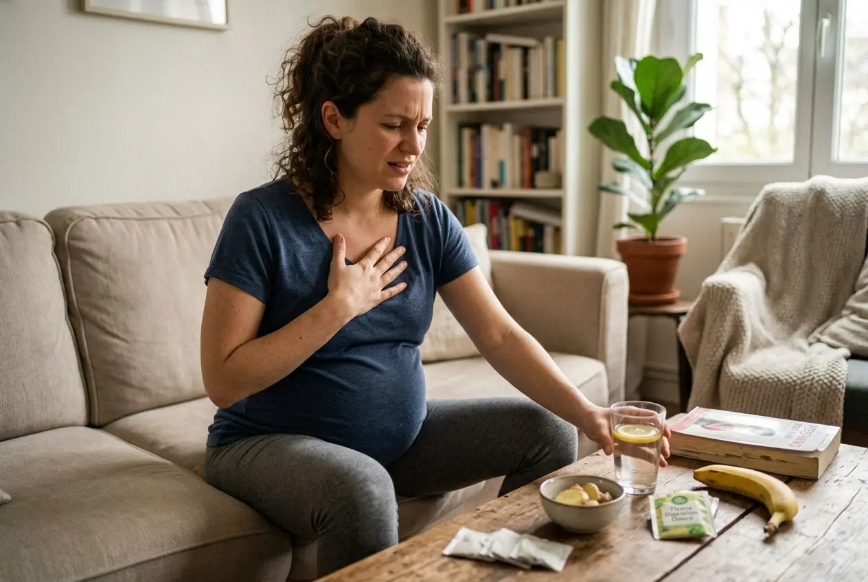 Femme enceinte souffrant de brûlures d’estomac, se tenant la poitrine, avec eau et aliments faciles sur la table dans un salon, exemple de remontrée acide remède naturel.