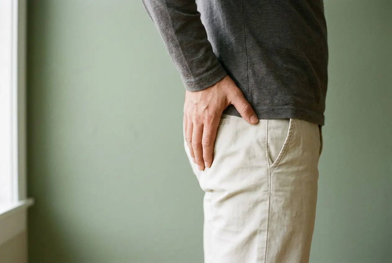 Homme debout, main sur la hanche droite, indiquant une douleur possible à cette zone.