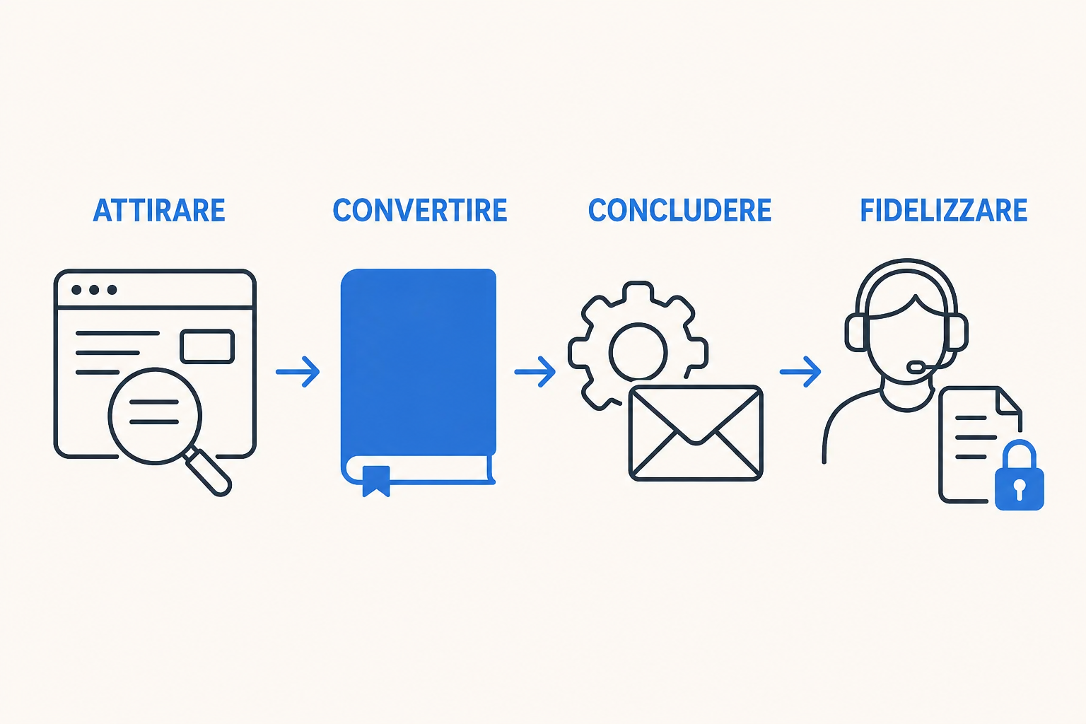 Schema delle quattro fasi dell'inbound marketing, attrarre, convertire, chiudere e fidelizzare, con il white paper collocato nella fase di conversione.