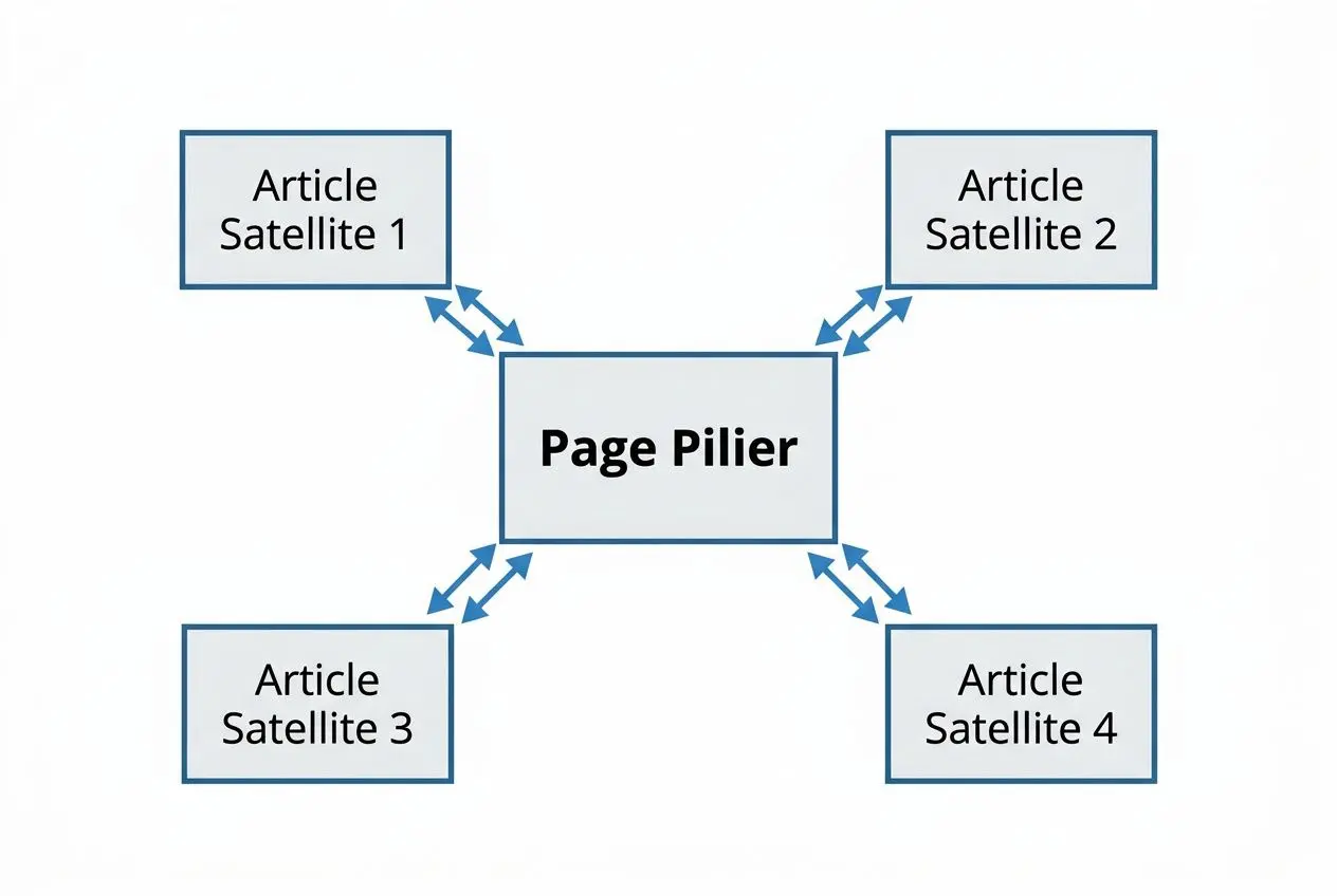 Diagramme simplifié montrant une page pilier reliée à quatre articles satellite, chacun échangeant des liens avec la page pilier. Mot-clé intégré: seo longue traine.