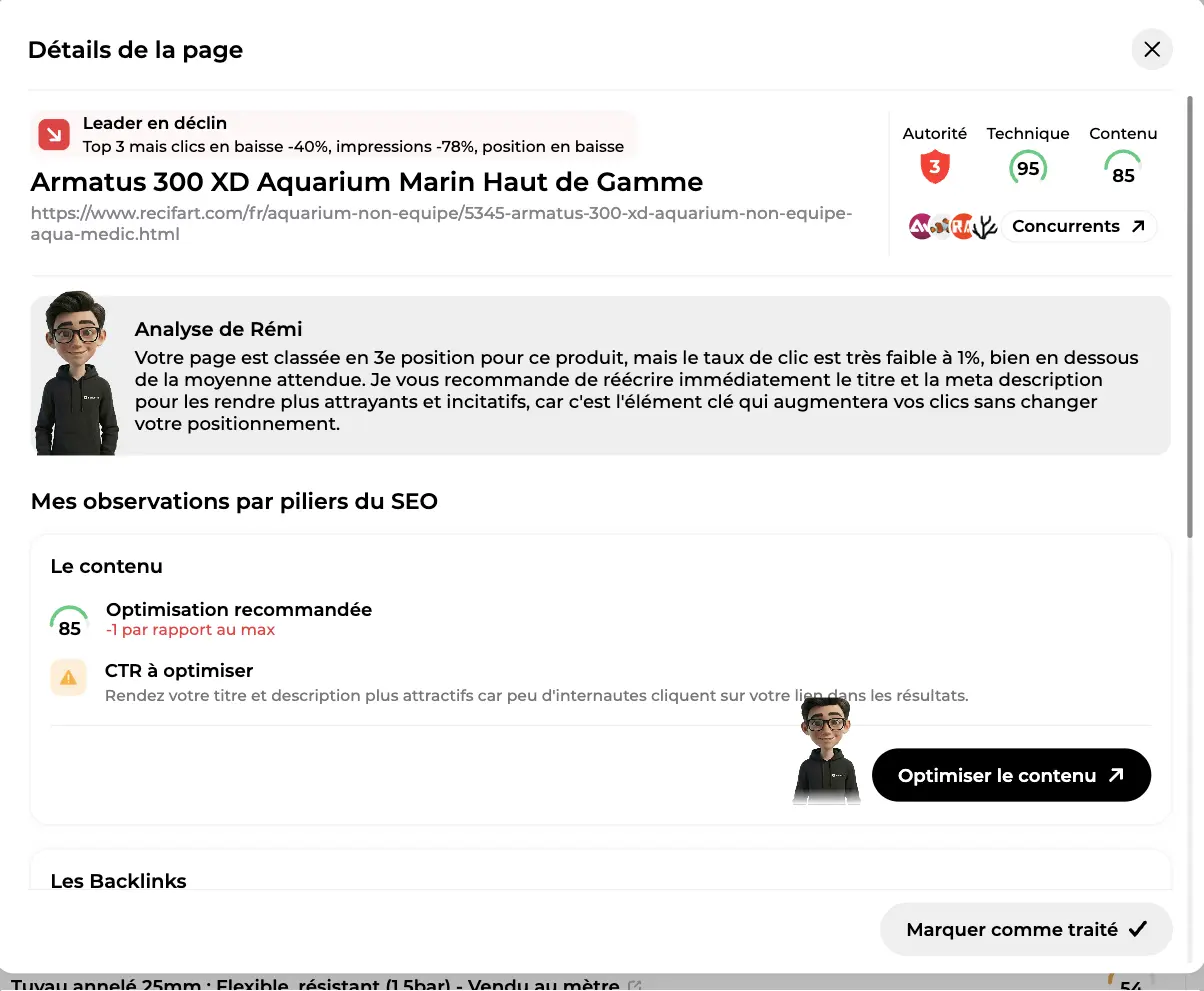 Fenêtre Détails de la page avec les scores autorité, technique et contenu, l'analyse de Rémi et ses observations par pilier SEO