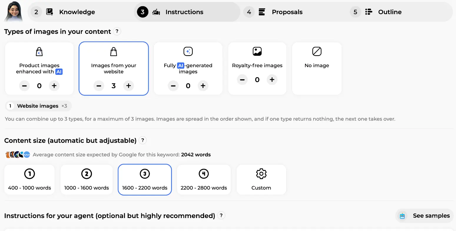 Instructions step with the five image type cards and the content size presets recommended by Alya