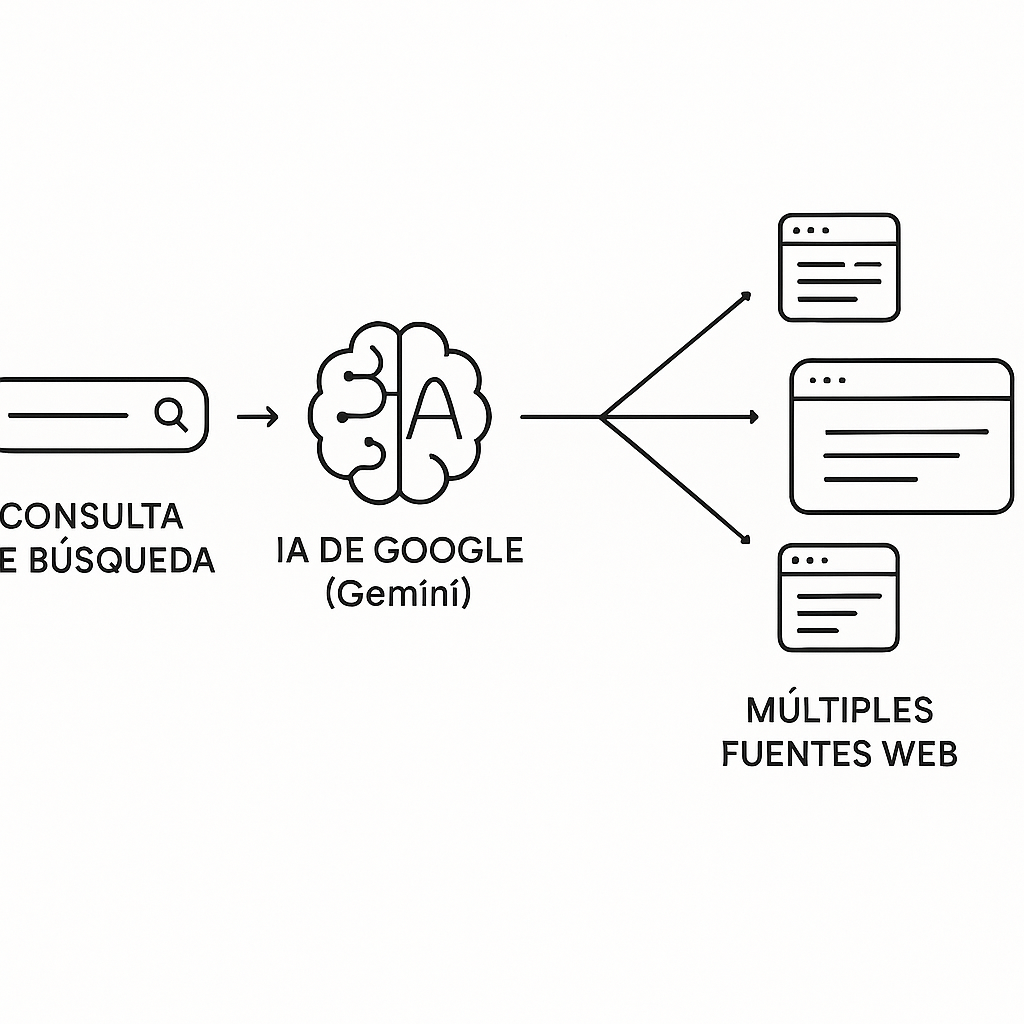 Diagrama visual del proceso de Google AI Overview, mostrando cómo la IA de Google sintetiza información de múltiples fuentes web para generar una respuesta directa. Fondo blanco, estilo estudio.