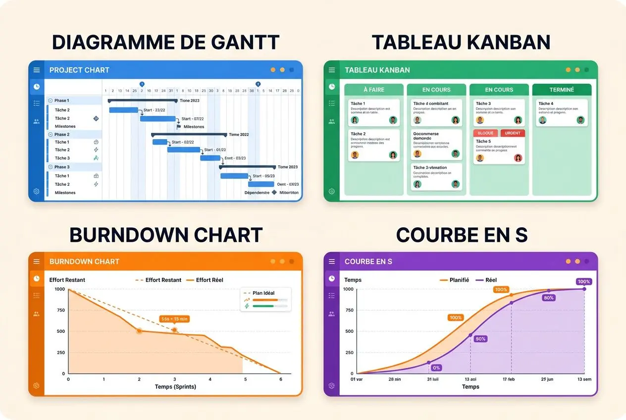 Diagramme et outils de gestion de projet: gantt, kanban, burndown et courbe en S pour le suivi du travail et des KPI. - intégration du tableau de bord suivi de projet.
