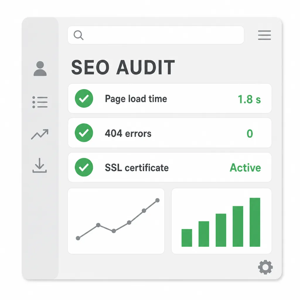 Example SEO audit tool interface showing healthy technical results: load time, 404 errors and SSL.