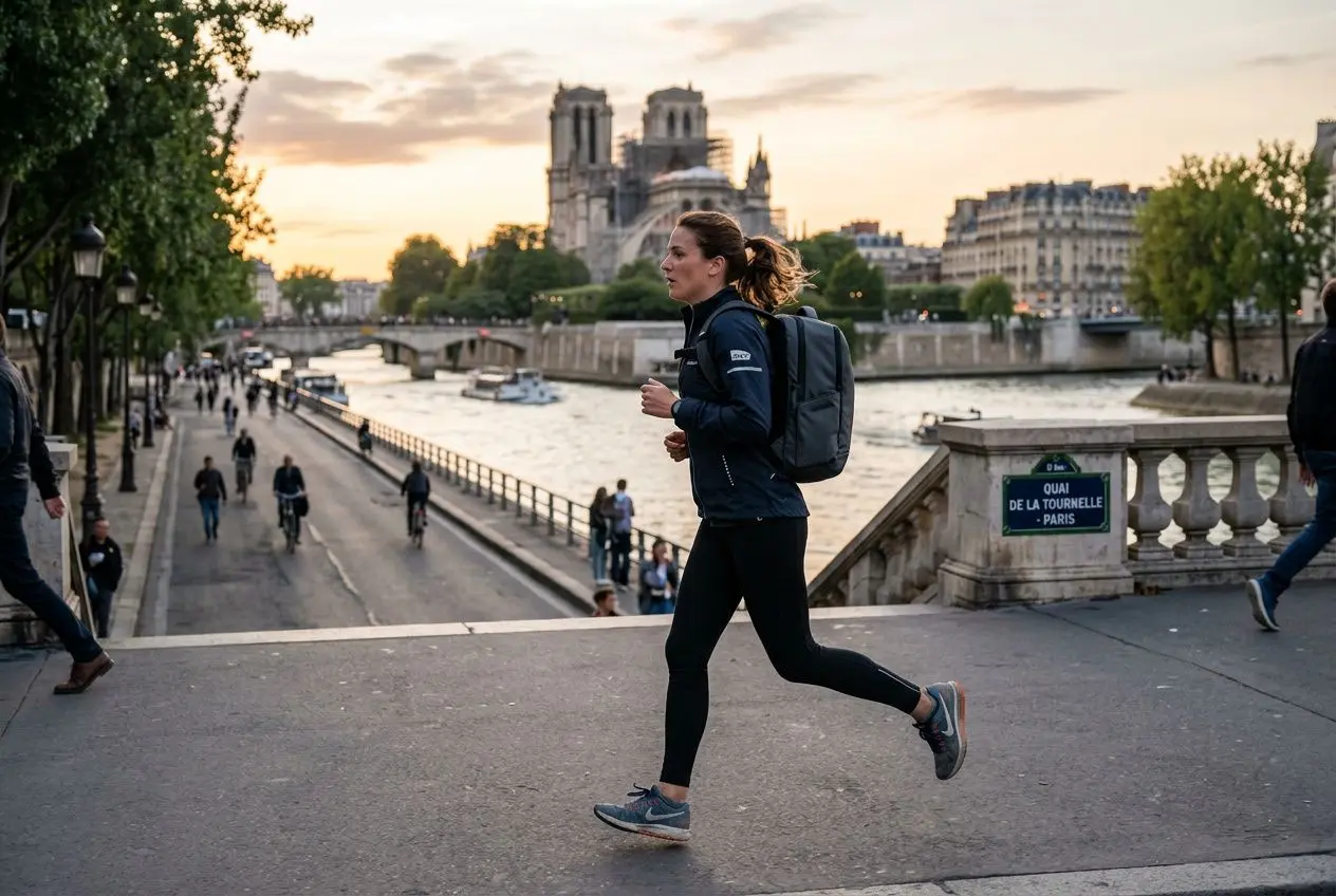 Homme/femme en course sur le pont près de la Seine à Paris, avec sac à dos, horizon urbain et monuments en arrière-plan. Concilier sport et travail.