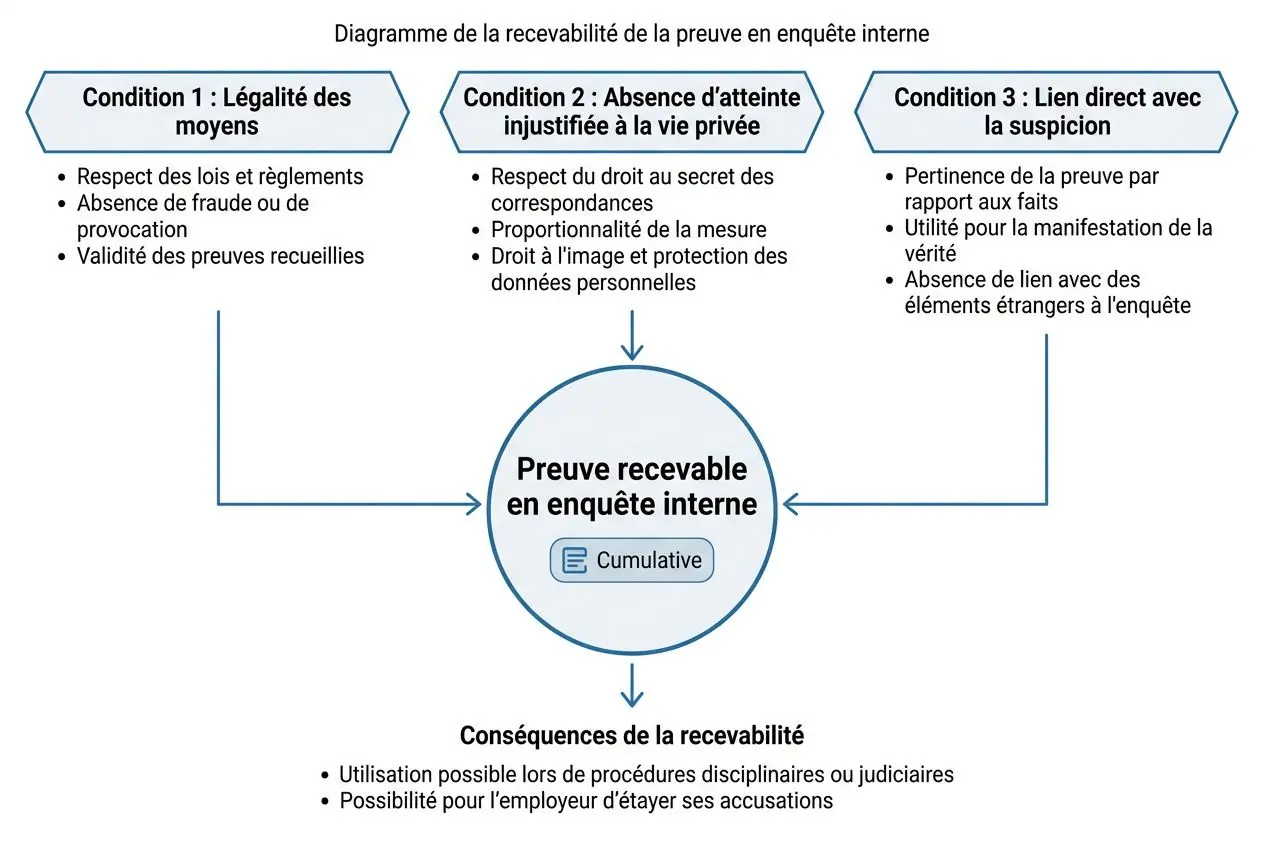 Diagramme illustrant les conditions de recevabilité de la preuve en enquête interne pour une enquête fraude interne salarié, avec un cercle central "Preuve recevable en enquête interne" et trois conditions: légalité des moyens, absence d’atteinte à la vie privée, lien direct avec la suspicion; flèches vers les conséquences et lignes de texte.