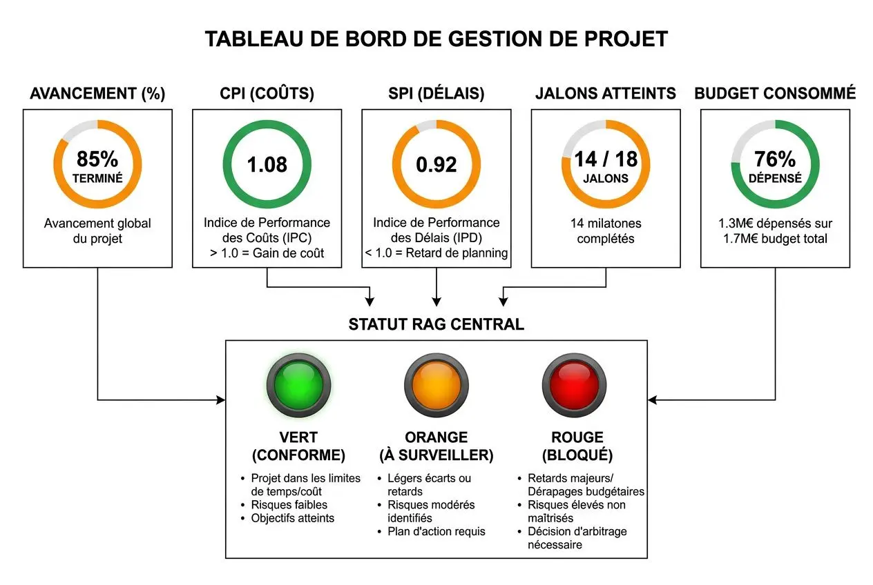 Tableau de bord de gestion de projet montrant l’avancement, KPI CPI et SPI, jalons atteints et budget consommé, avec statut central (VERT/ORANGE/ROUGE) pour guider le suivi des projets petite entreprise. comment suivre projets petite entreprise intégré.