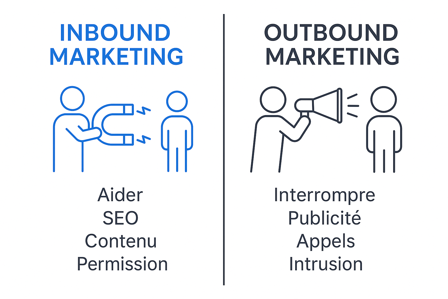 Infographie comparant l'inbound marketing (stratégie d'attraction) et l'outbound marketing (stratégie d'interruption).