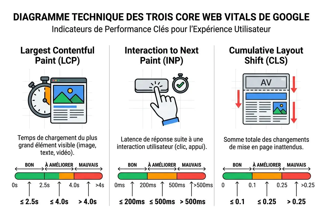 Diagramme technique des trois core web vitals de Google : LCP, INP et CLS, avec explication des performances et des délais de réponse. intégration de seo optimisation technique.