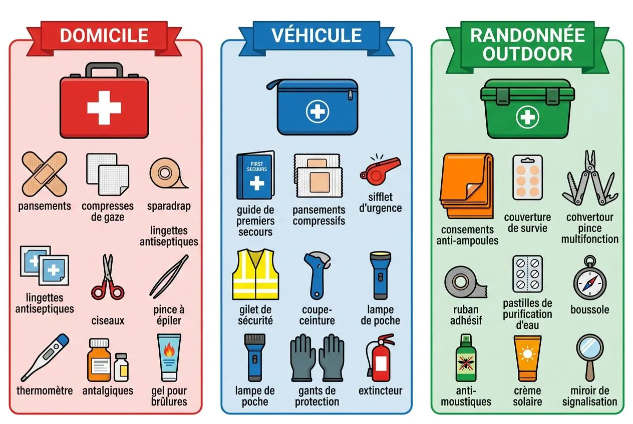 Trousse de secours: illustration des kits Domicile, Véhicule et Randonnée Outdoor avec divers outils: pansements, compresses, ciseaux, gel, thermomètre,等等.