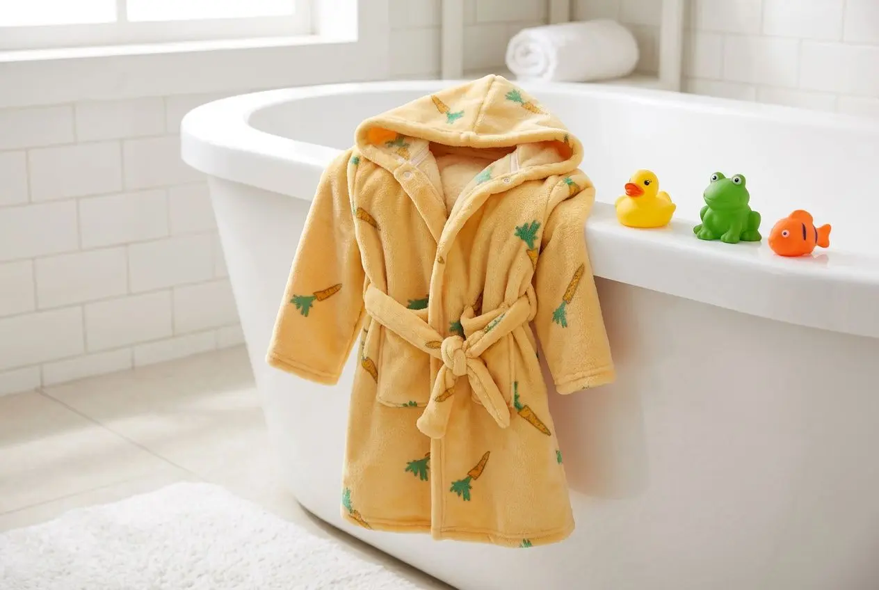 Cape de bain bébé jaune sur une baignoire, robe-pyjama douillette avec ceinture, figurines d’animaux à côté. sort Remove? Include keyword natural: "sortie de bain bébé" must be integrated. Provide sentence: "Cape de bain bébé jaune près d’une baignoire, idéale pour la sortie de bain bébé." - keep 50-125 chars. Let's craft: "Cape de bain bébé jaune suspendue près d’une baignoire; parfaite pour la sortie de bain bébé." Count ~86 chars. Provide as alt text. Cape de bain bébé jaune suspendue près d’une baignoire, parfaite pour la sortie de bain bébé.