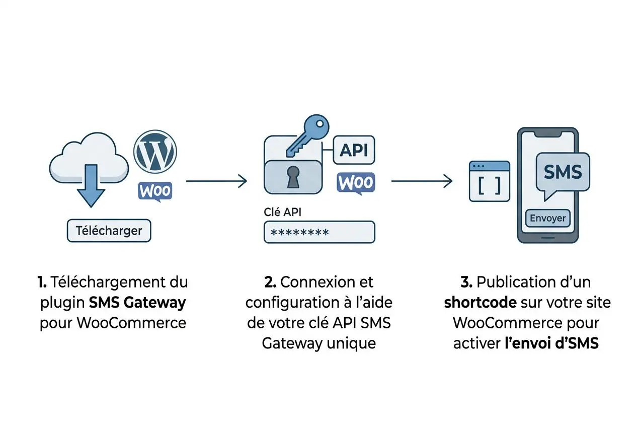Schéma explicatif d’un processus d’envoi SMS avec WooCommerce et API, montrant téléchargement du plugin, connexion API et publication d’un shortcode pour l’envoi de SMS, pour une notification SMS.