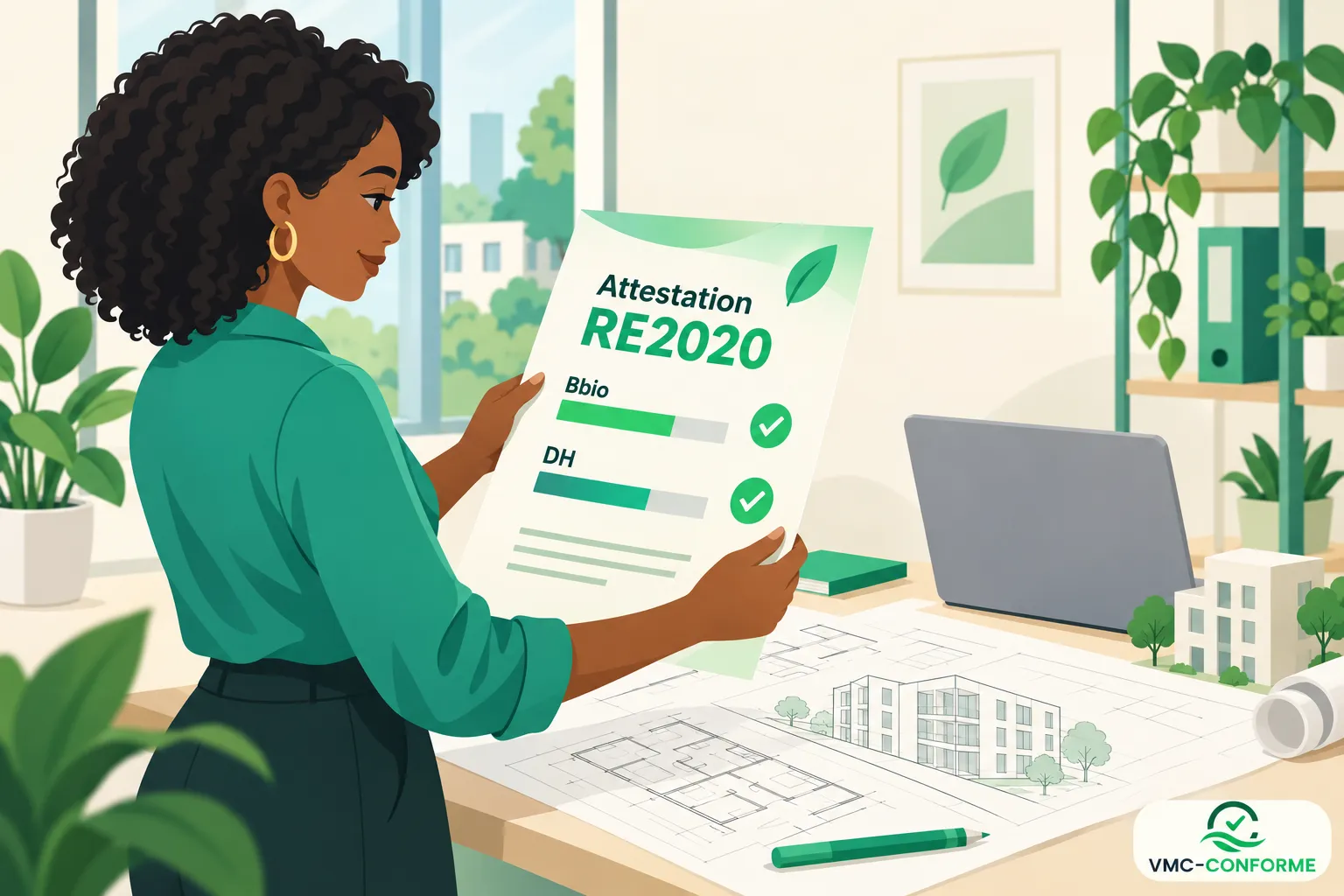 Une femme tient un document intitulé Attestation RE2020 devant une table de travail avec des plans et un ordinateur.