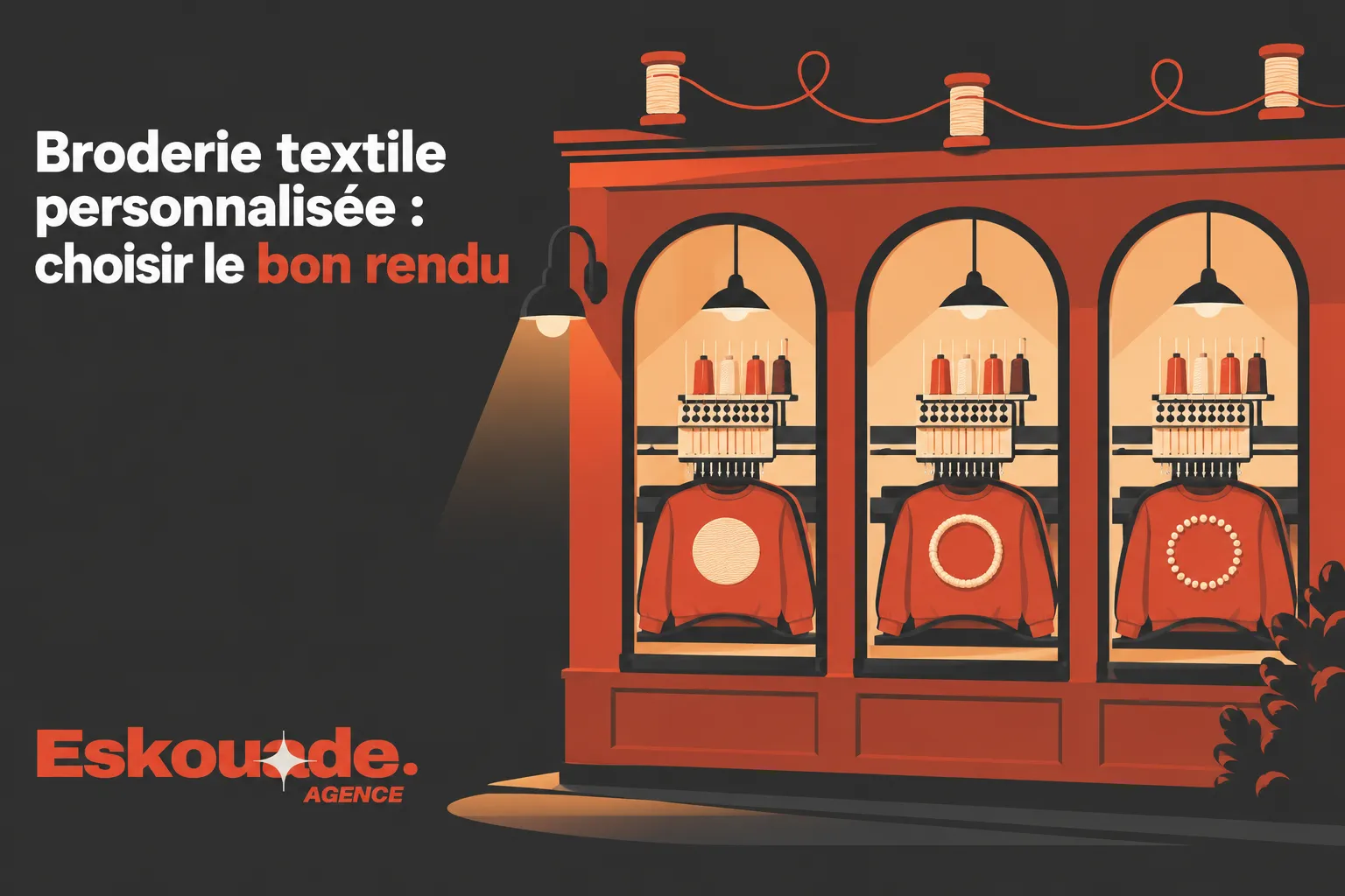 Trois mannequins de costume dans une vitrine éclairée sur fond sombre avec le texte « Broderie textile personnalisée :