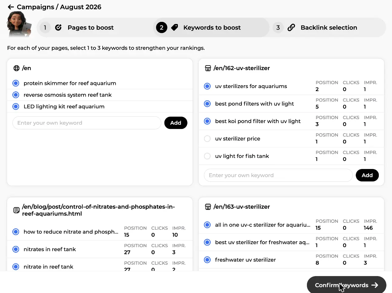 Step 2 keyword selection per page with position, clicks and impressions, a field to enter your own keyword and Confirm keywords