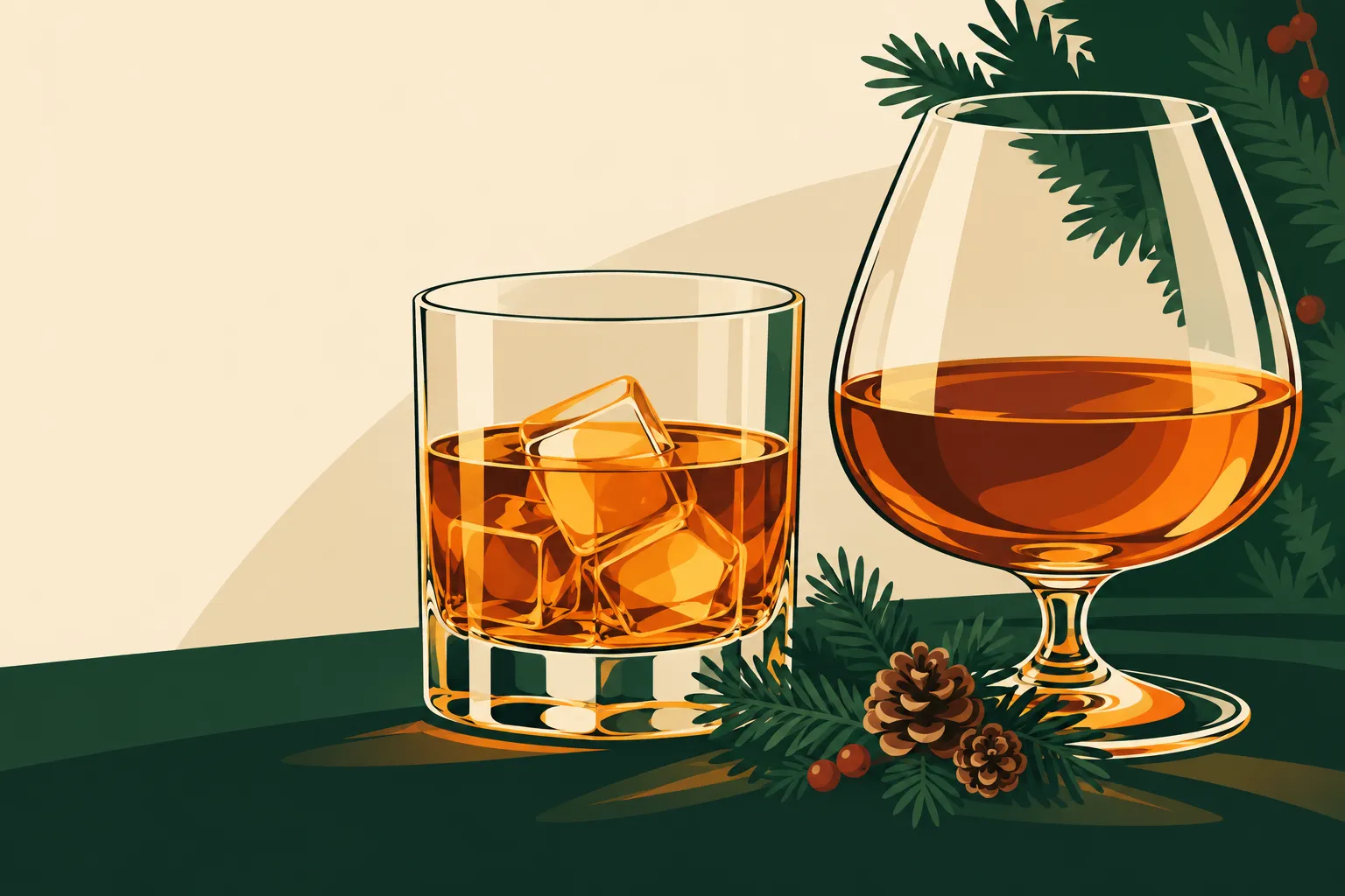 Deux verres de whisky avec des glaçons, sur un décor festif de branches et de cônes de pin.