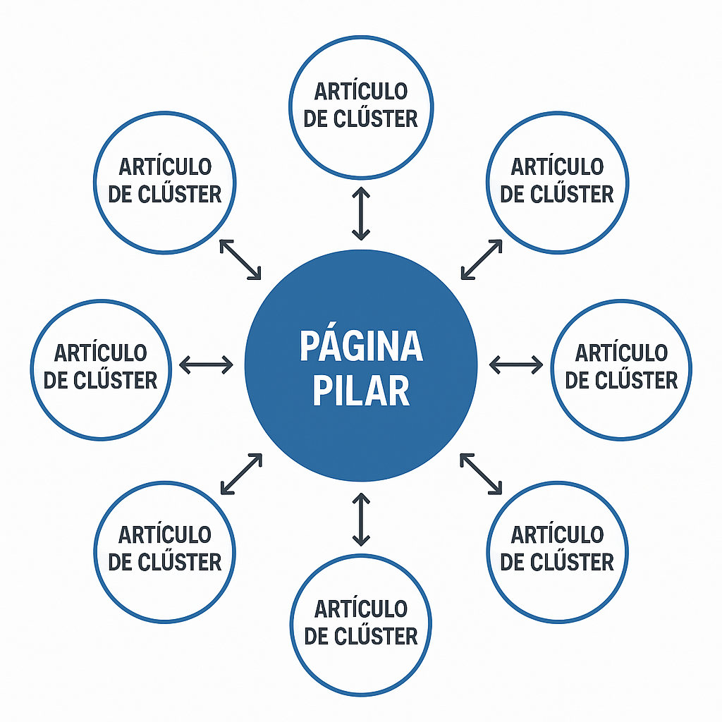 Diagrama del modelo de topic cluster SEO, mostrando una página pilar central conectada con múltiples artículos de clúster.