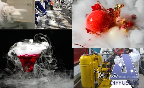 Applications de la glace carbonique: cocktails, cryogénie et nettoyage industriel illustrés en collage.