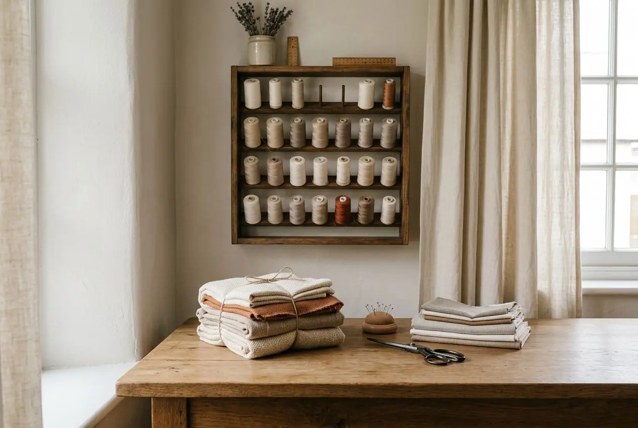 Un petit atelier de couture avec table en bois, panier de tissus pliés et présentoir de fils aux tons neutres.