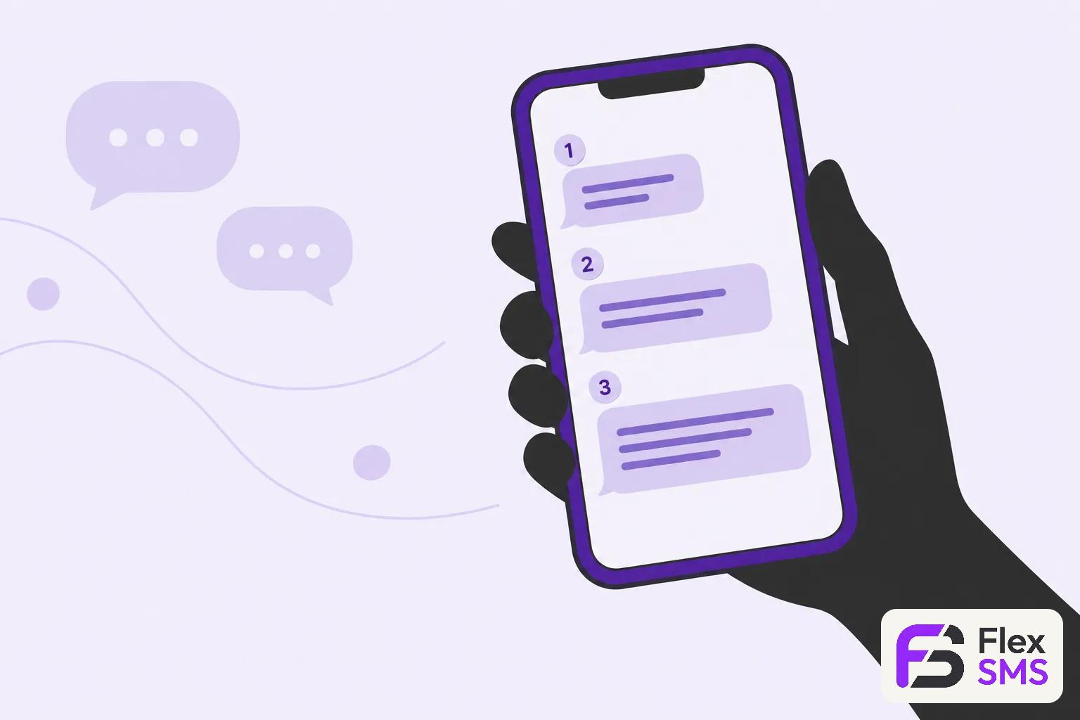 Une main noire tient un téléphone affichant une fenêtre de messages texte violet sur fond clair, avec des bulles de dialogue