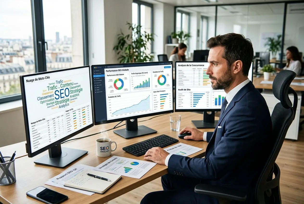 Homme d’affaires en costume devant trois écrans affichant des graphiques SEO et analyses, bureau moderne, ambiance professionnelle. Pourquoi analyse sémantique importante | intégrer le mot-clé naturellement.