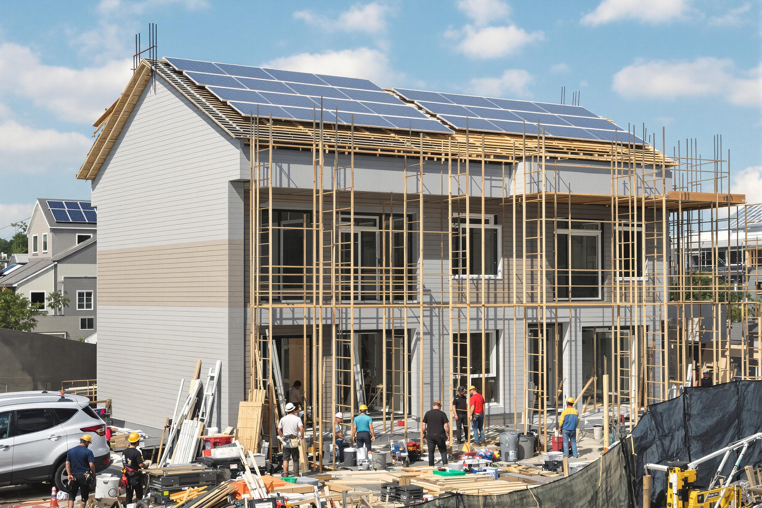 Modern construction site with energy-efficient building