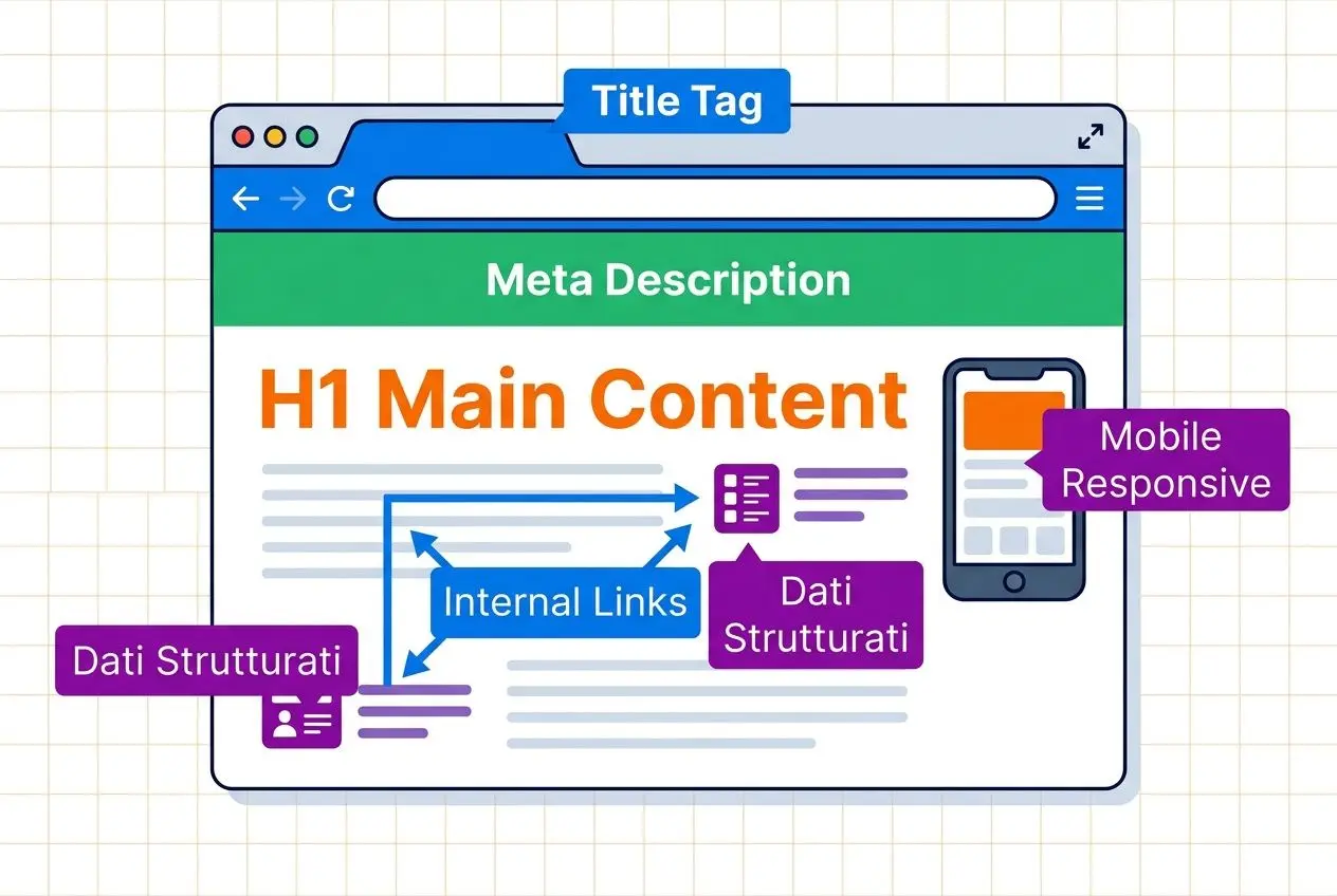 Atlante SEO: grafica di una pagina web con etichette come “H1 Main Content”, “Meta Description” e icone mobili; evidenziati elementi strutturati, link interni e dati strutturati, rappresentando l’analisi di un deliverable audit seo.