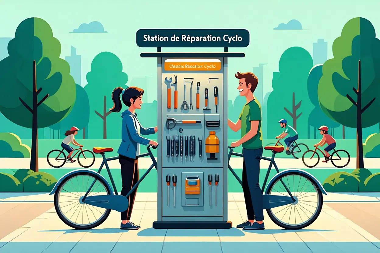 Cyclistes réparant leurs vélos à une station libre-service