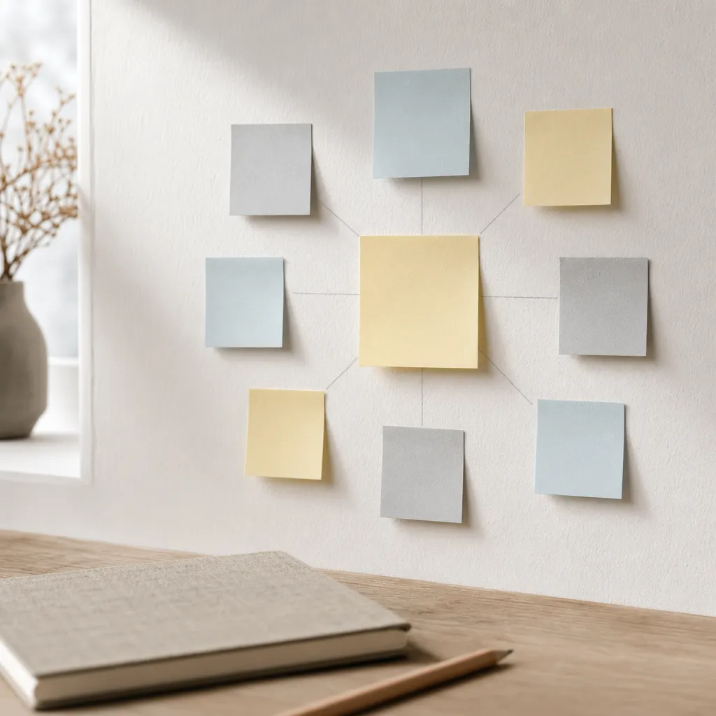 Photo d'un mur de planification : un post-it central relié par des traits à huit post-it vierges tout autour.