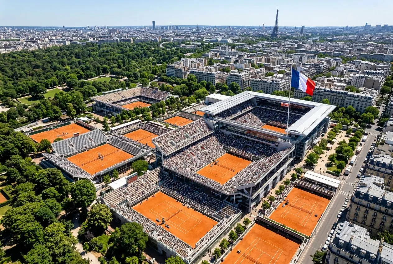 Stade Roland-Garros vu du ciel, courts en terre battue orange entourés de tribunes et drapeau tricolore survolant le complexe parisien. Pronostic Roland Garros 2026 intégré naturellement.