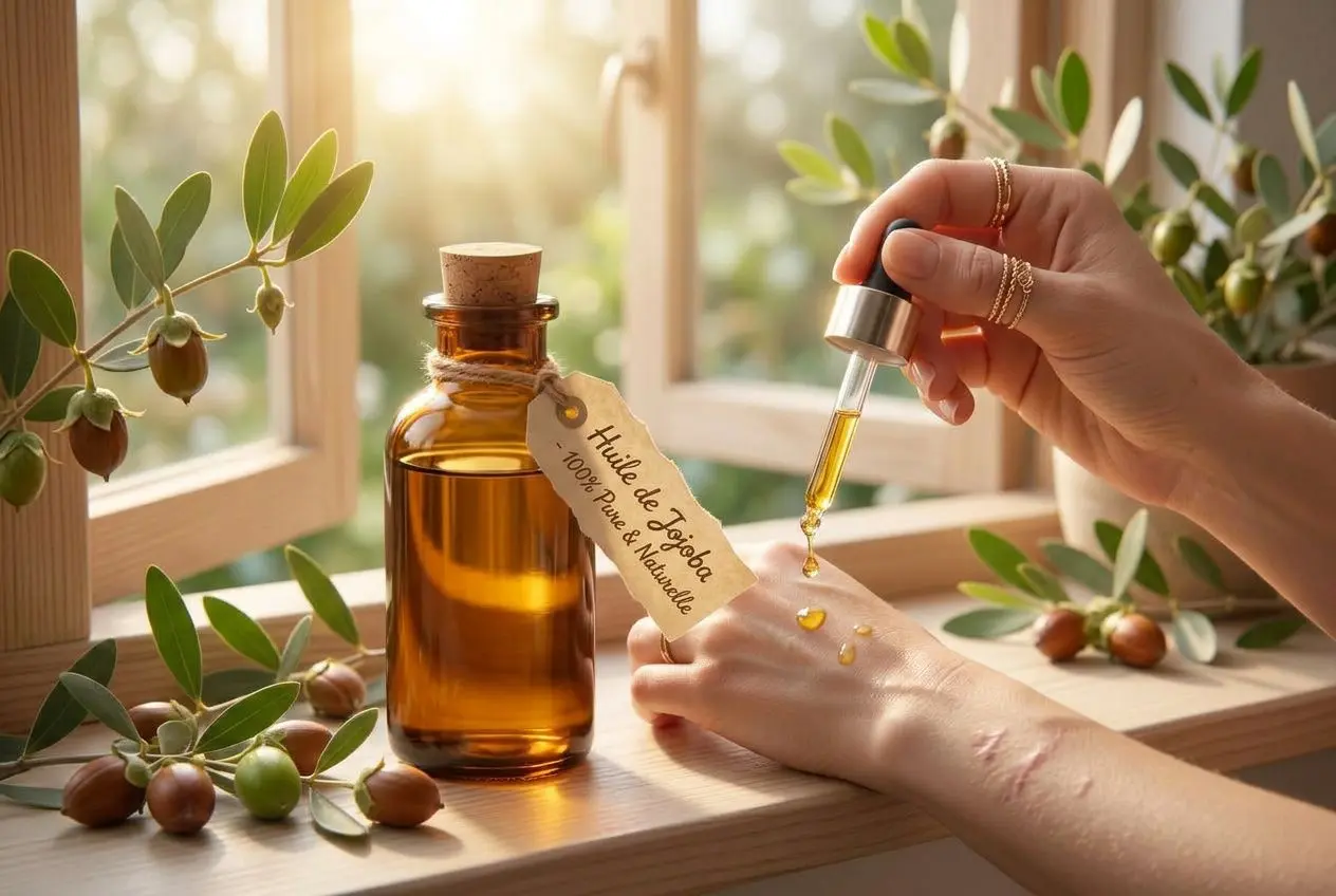 Huile d’argan naturelle en flacon, gouttes déposées sur le poignet près de feuilles d’olivier, ambiance douce et lumineuse. quand partent les cicatrices d'acné.