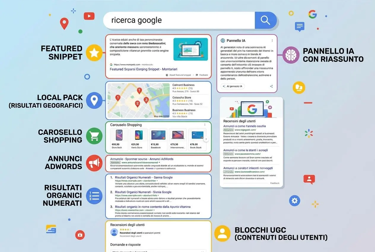 Immagine illustrativa di un'interfaccia di ricerca con snippet in evidenza e elementi UI, evidenziando l’attenzione alla precisione dei rank tracker.